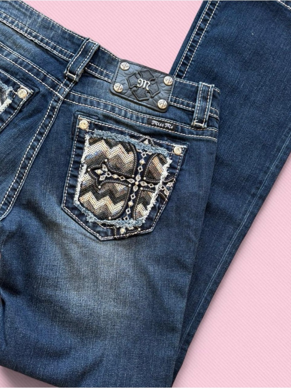 Miss Me Dark Blue Bootcut Jeans with Embroidered Chevron Pockets - Picture 2 of 6